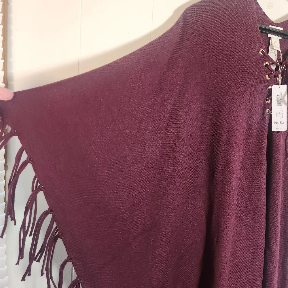 Chicos Monrovia Lace-up Fringe Poncho Shrug One Size Maroon Burgundy - Picture 7 of 14